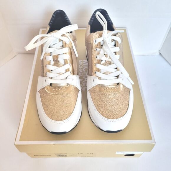 New! MICHAEL KORS Women's Billie Leather Sneakers Trainer Shoes Size 6 Pale Gold - Picture 9 of 15
